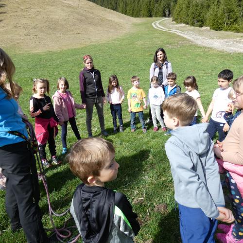 Kinder stehen auf einer Wiese im Kreis mit den Naturpädagoginnen