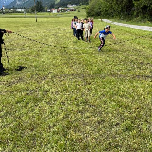 3 Kinder auf einer Wiese beim Seilspringen