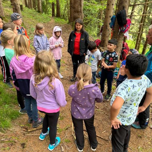alle Kinder stehen im Kreis mit dem Naturpädagogen. der etwas erklärt