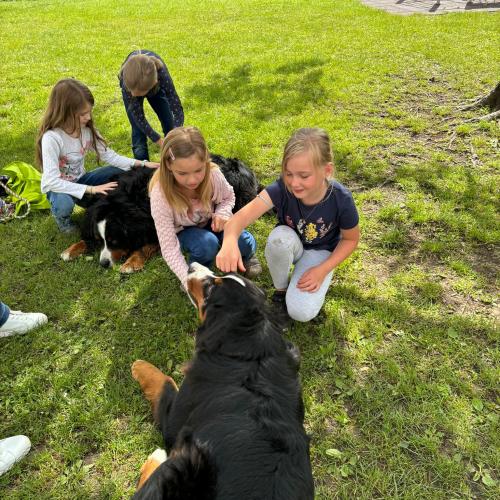 4 Kinder sitzen mit den 2 am Boden liegenden Hunden Fini und Pauli im Gras
