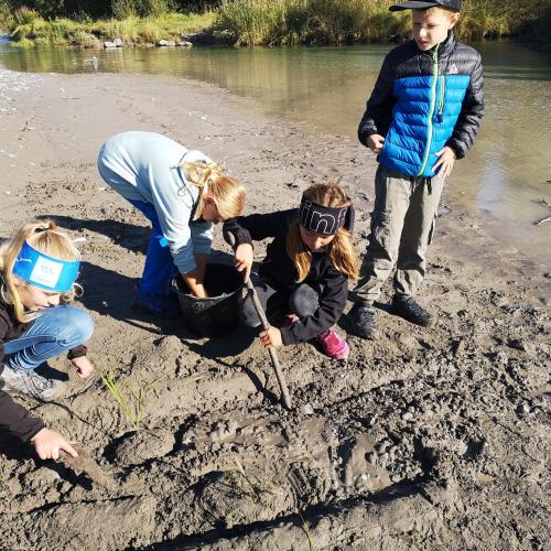 Vier Kinder sitzen und stehen im Sand am Lech und bauen einen Wildfluss nach