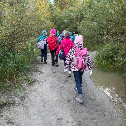 Einige Kinder gehen auf lehmigem Boden im Gänsemarsch durch den AUwald