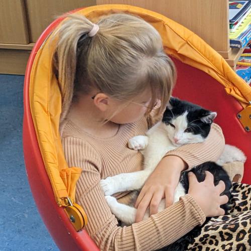 EIn Mädchen sitzt mit einer schwarz-weißen Katze in einem orangen Kindersessel