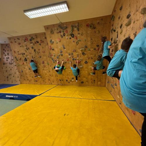 7 Kinder in blauen T-Shirts klettern in der Boulderhalle der Mittelschule Königsweg in Reutte