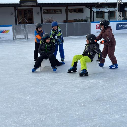 5 Kinder in bunten Schianzügen am Eisplatz, 2 Kinder sitzen auf weißen Schiebehunden