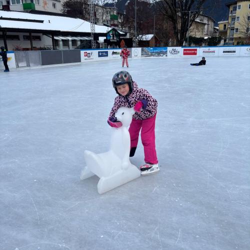 Ein Kind mit rosa Schianzug mit einem weißen Schiebehund auf dem Eisplatz