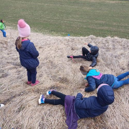 5 Kinder rollen einen Hügel der mit braunem alten Gras bewachsen ist hinunter