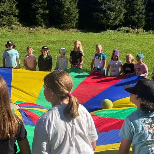 AUf einer Wiese im Hintergrund Wald stehen Kinder um ein buntes Schwungtuch