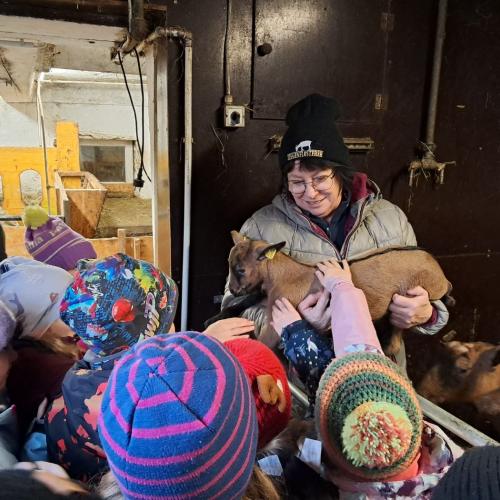 Die Bäuerin steht im Gehege der Ziegen mit einem Kitz auf dem Arm - rund herum stehen die Kinder 