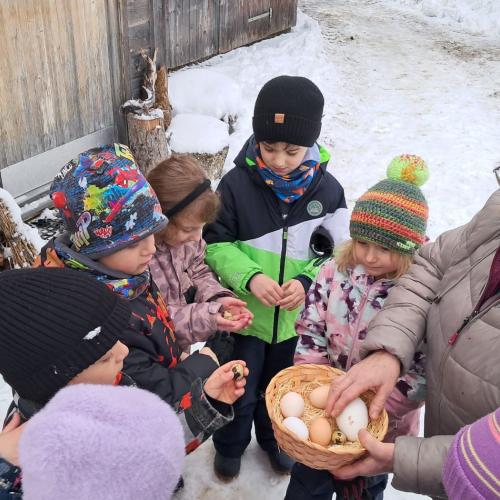 einige Kinder stehen um die Bäuerin  - sie erklärt ihnen Eier - Form , Größe ...