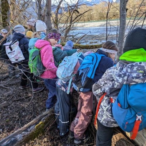 Die Kinder sitzen im Auwald auf einer vom Biber gefällten Esche mit dem Rücken zum Betrachter