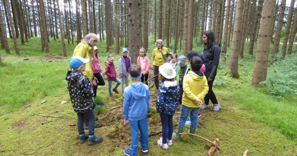 Kinder der Klasse stehen mit zwei Naturpädagogen im Kreis im Wald auf Moos