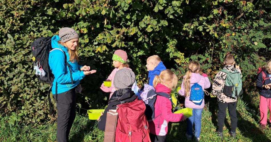 DIe Kinder stehen am Waldrand und hören der NAturpödagogin zu